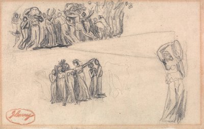 Two Sketches of Women and Children Fleeing and Standing Female Figure Playing Tambourine by George Romney